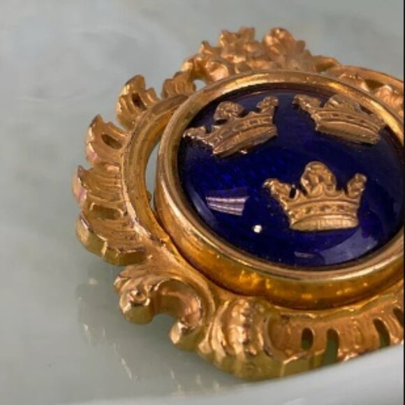 Vintage Sporrong & Co. Stockholm Blue Enamel 3 Crown Gold Brooch Pin Swedish - Picture 12 of 16